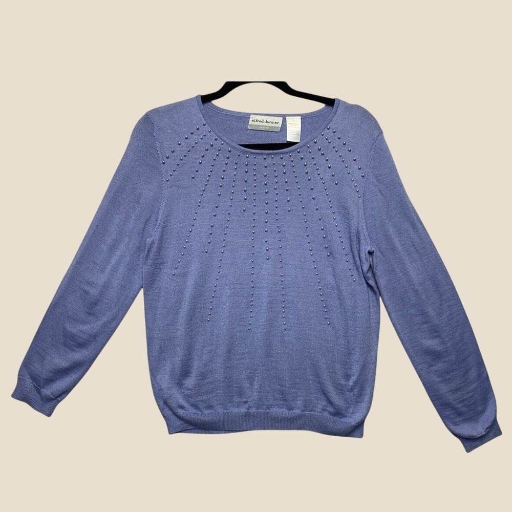 Alfred Dunner Sweater Women PL Blue Pearl Embellished Wool Blend Pullover